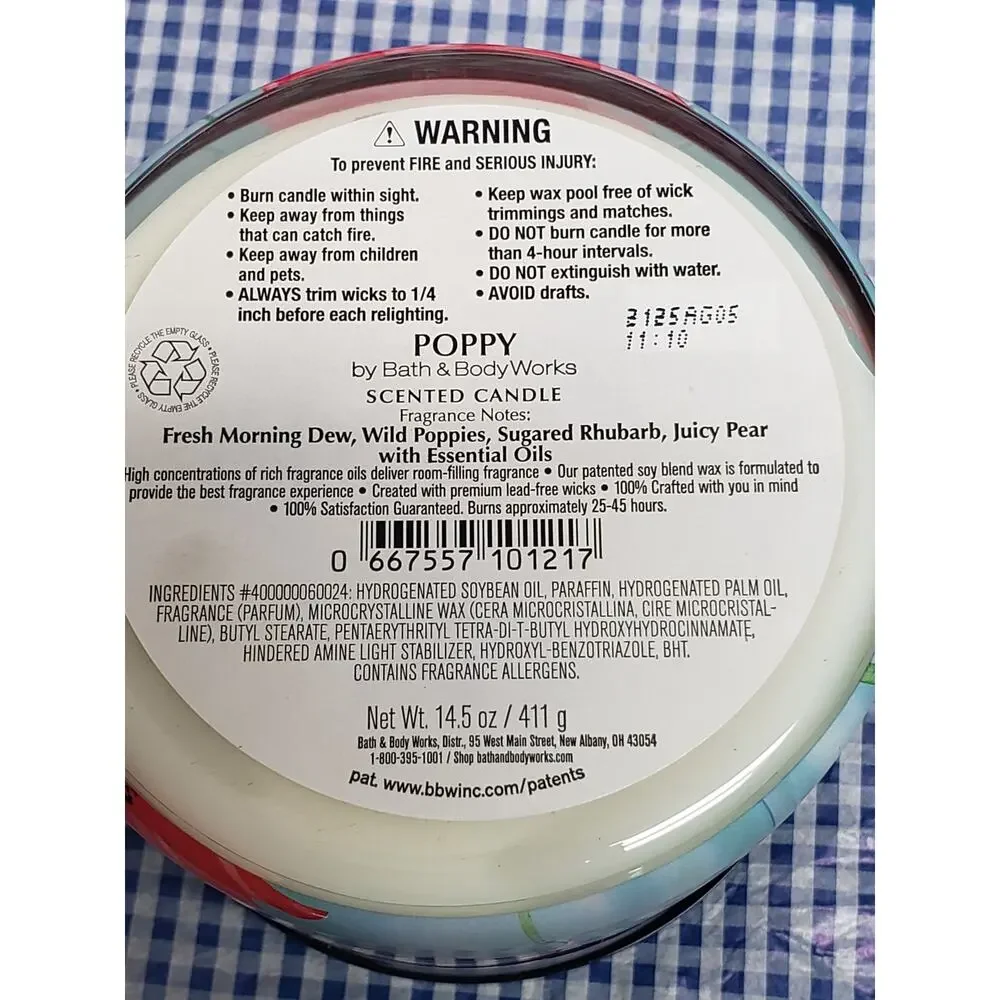BBW Poppy Large 3 Wick Candle Body Care Line Scent Home Fragrance Decor
